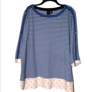 Rafaella Womens Blue & White Striped Scoop Neck Polka Dot Cuffs Size 2X